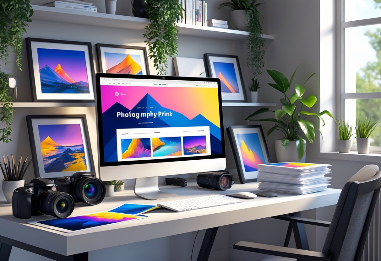 A workspace with a computer showing photography prints, a camera, framed photos, and packaged prints ready to ship.