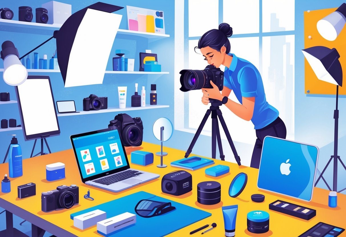 A photographer in a studio setting taking pictures of various commercial products with professional lighting and equipment around.