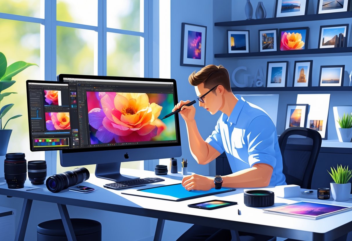 A person working at a desk using photo editing software on a large monitor surrounded by photography equipment and printed photos.