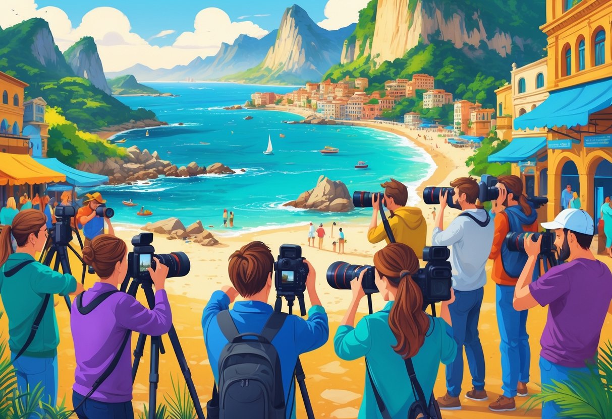 A group of photographers taking pictures of landscapes, landmarks, city scenes, and cultural events in various outdoor settings.