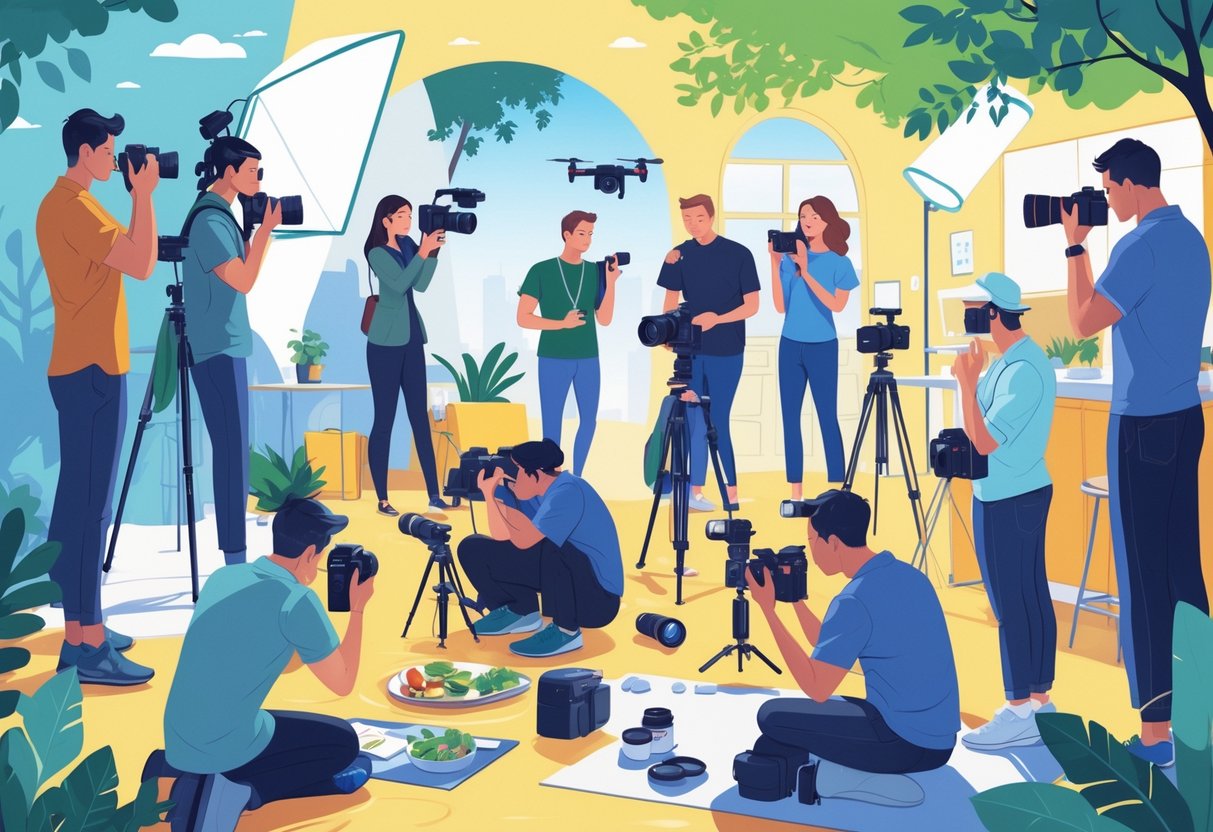 Ten people engaged in different types of photography, including portraits, nature, events, products, drones, street, wildlife, travel, food, and fashion photography, each in a setting matching their hobby.