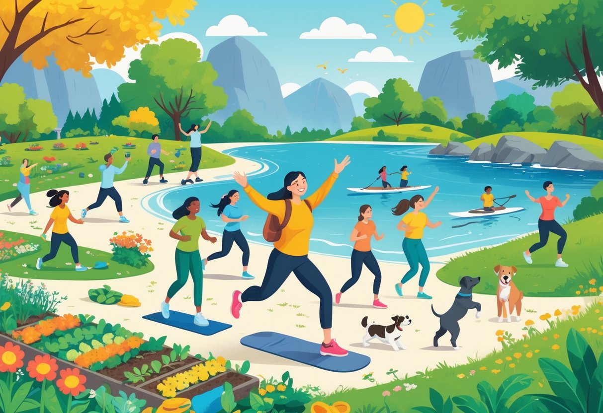 A diverse group of people enjoying various active hobbies outdoors, including gardening, dancing, playing frisbee, hiking, biking, swimming, beach volleyball, yoga, walking a dog, rollerblading, kayaking, playing with a dog, rock climbing, tai chi, and painting.