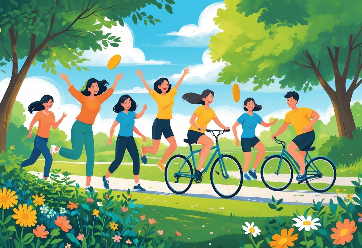 A group of people happily engaged in active hobbies outdoors, including gardening, dancing, kayaking, cycling, and playing frisbee in a sunny park.