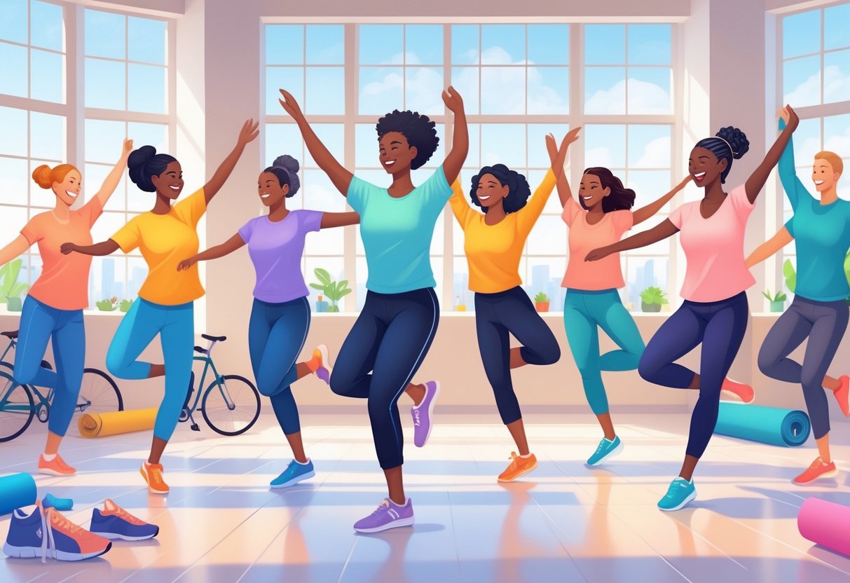 A diverse group of people happily dancing together in a bright studio, surrounded by subtle hints of other active hobbies.