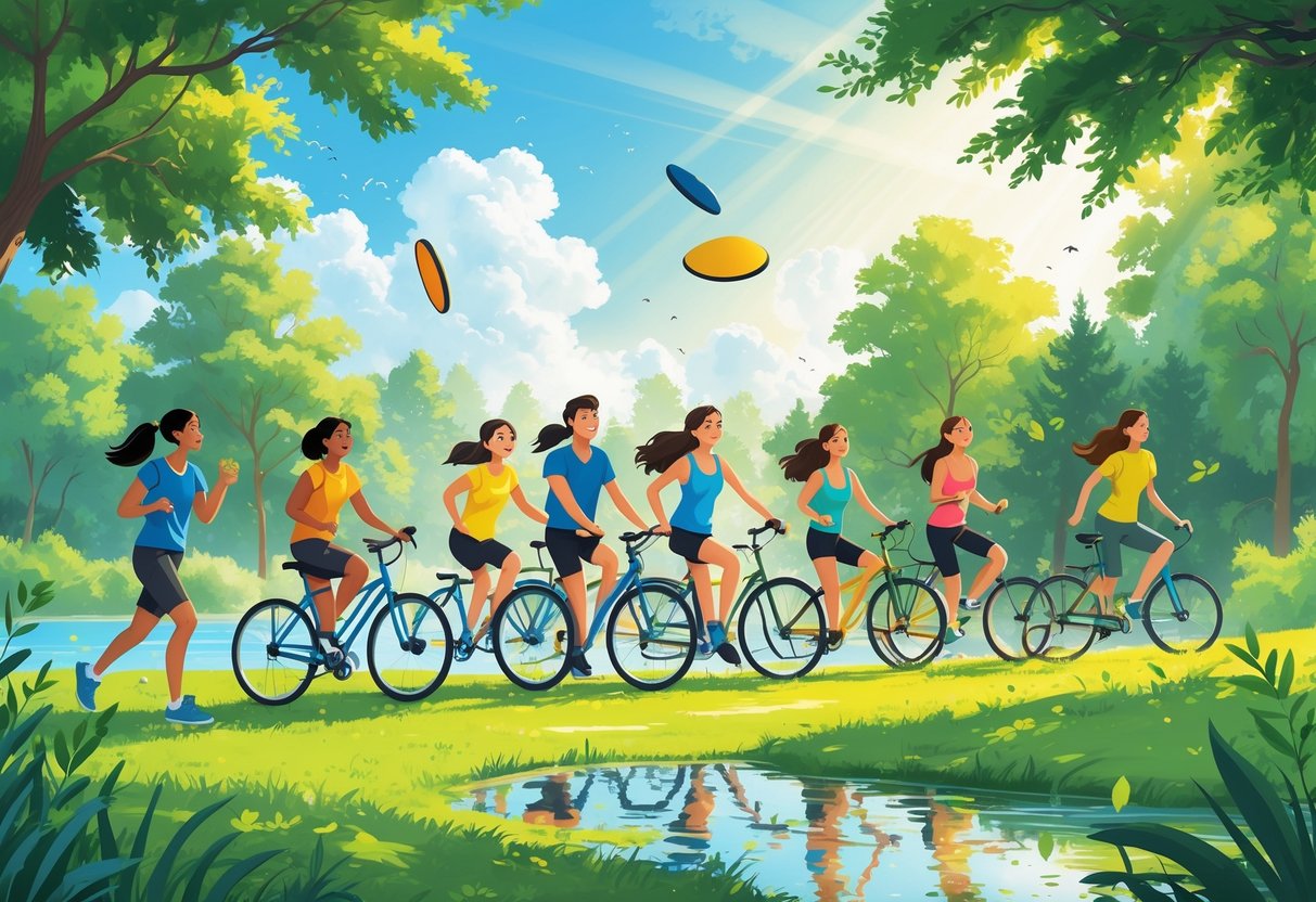 People of different ages and backgrounds enjoying outdoor activities like frisbee, cycling, hiking, yoga, and playing tag in a sunny park with trees and a lake.