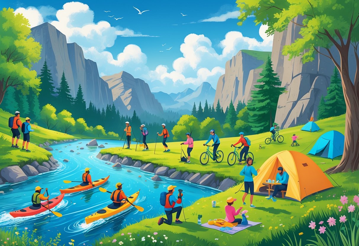 People enjoying various outdoor activities like hiking, kayaking, camping, birdwatching, rock climbing, cycling, and having a picnic in a natural setting with trees, mountains, and a river.