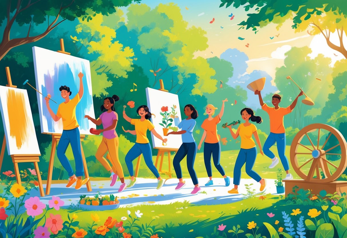People of various ages and backgrounds engaging in active creative hobbies like painting, dancing, gardening, playing instruments, and pottery outdoors in a bright and lively setting.