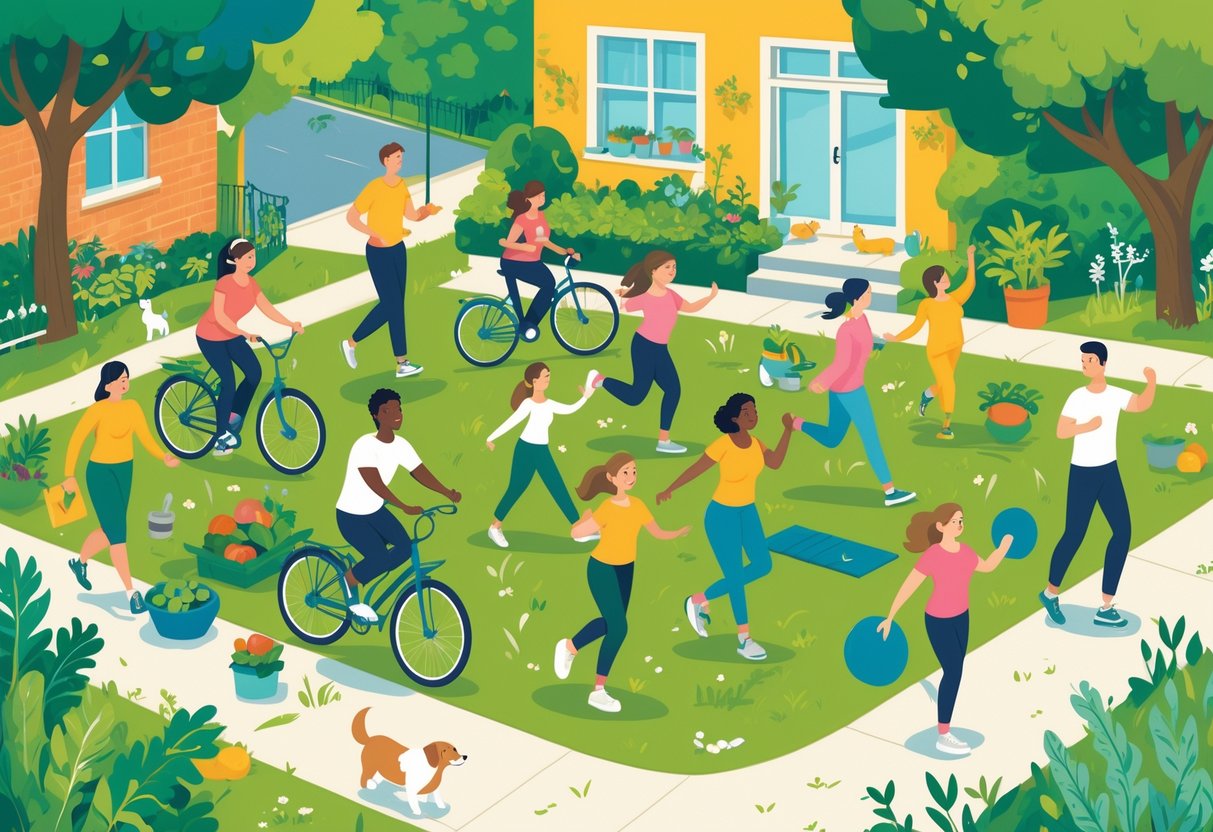 People of various ages and backgrounds doing activities like gardening, walking dogs, cycling, dancing, yoga, playing with children, cleaning, cooking, hiking, and playing frisbee in a sunny park and neighborhood setting.