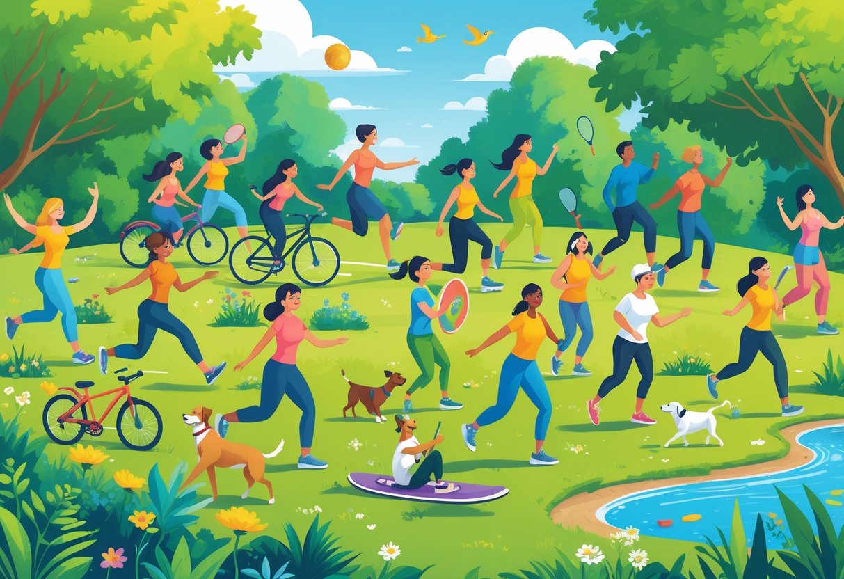 A diverse group of people enjoying various active hobbies outdoors in a park, including dancing, gardening, cycling, yoga, painting, walking dogs, birdwatching, playing badminton, rollerblading, kayaking, and hiking.