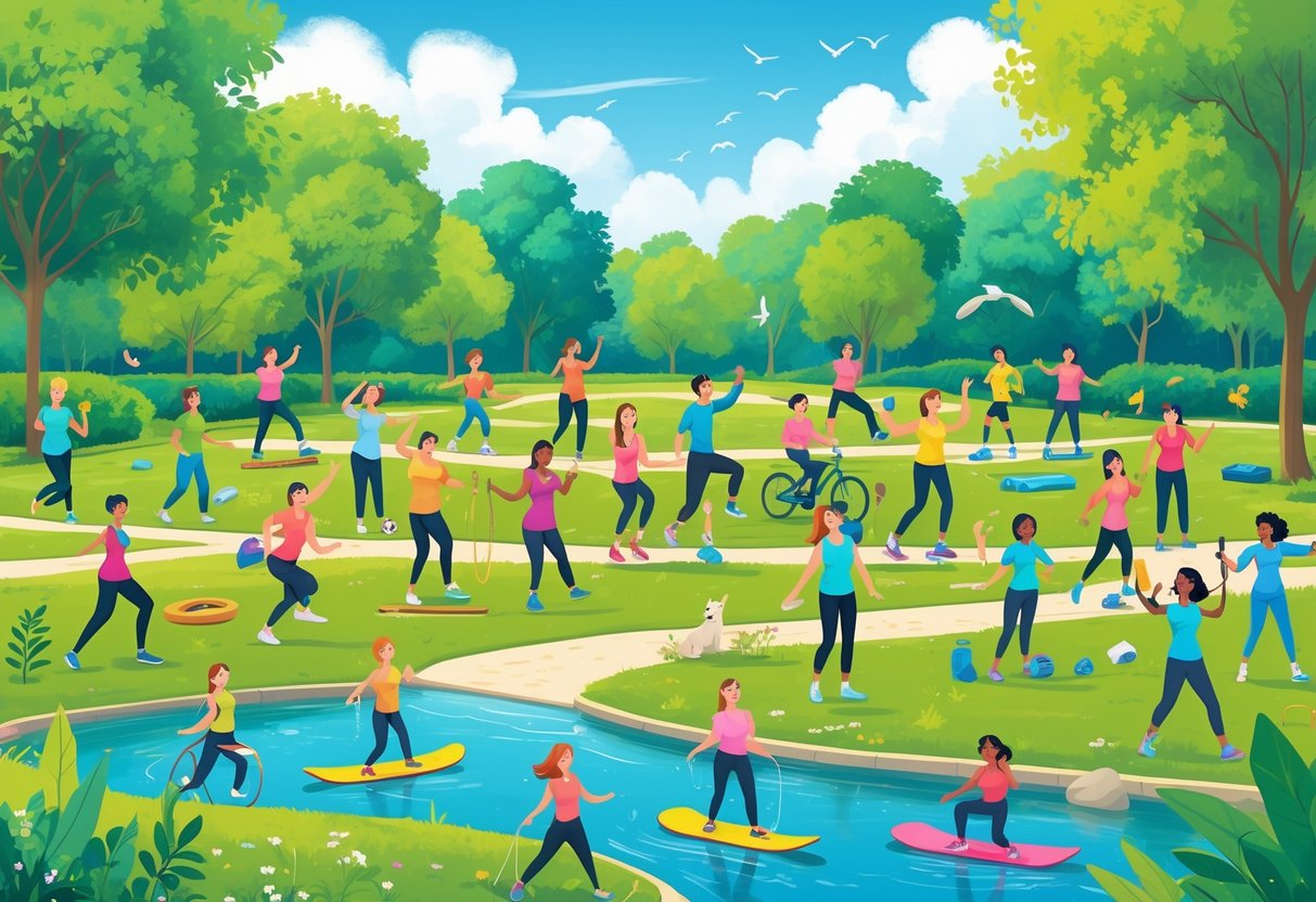 People enjoying a variety of active hobbies outdoors in a park, including dancing, gardening, hiking, playing frisbee, yoga, cycling, paddleboarding, and more.
