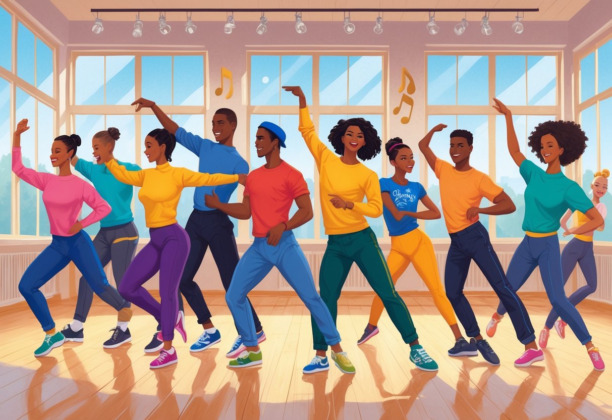 Ten people of different ages dancing in various styles together in a bright dance studio.