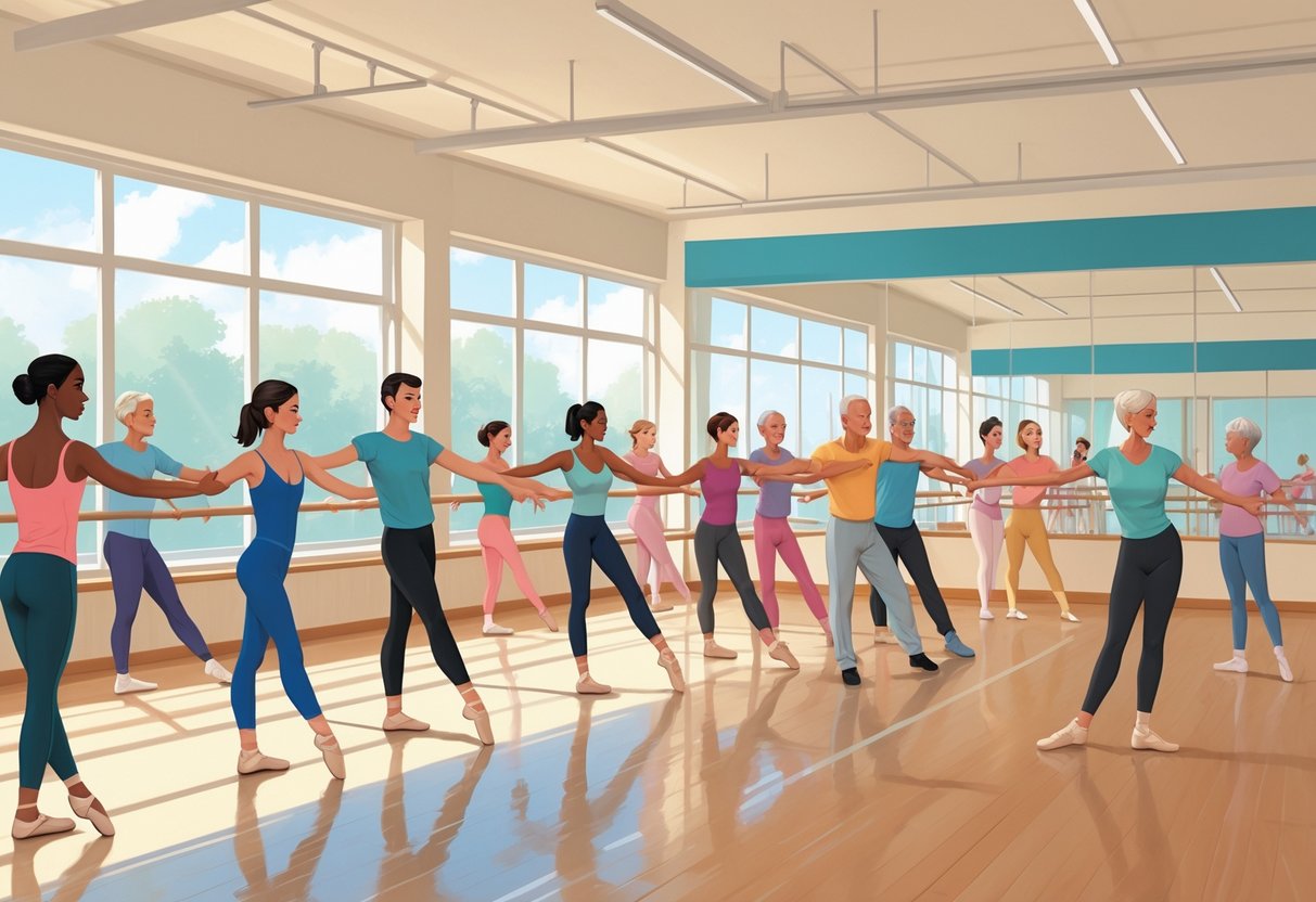 A group of people of different ages practicing ballet together in a bright dance studio with mirrors and ballet barres.