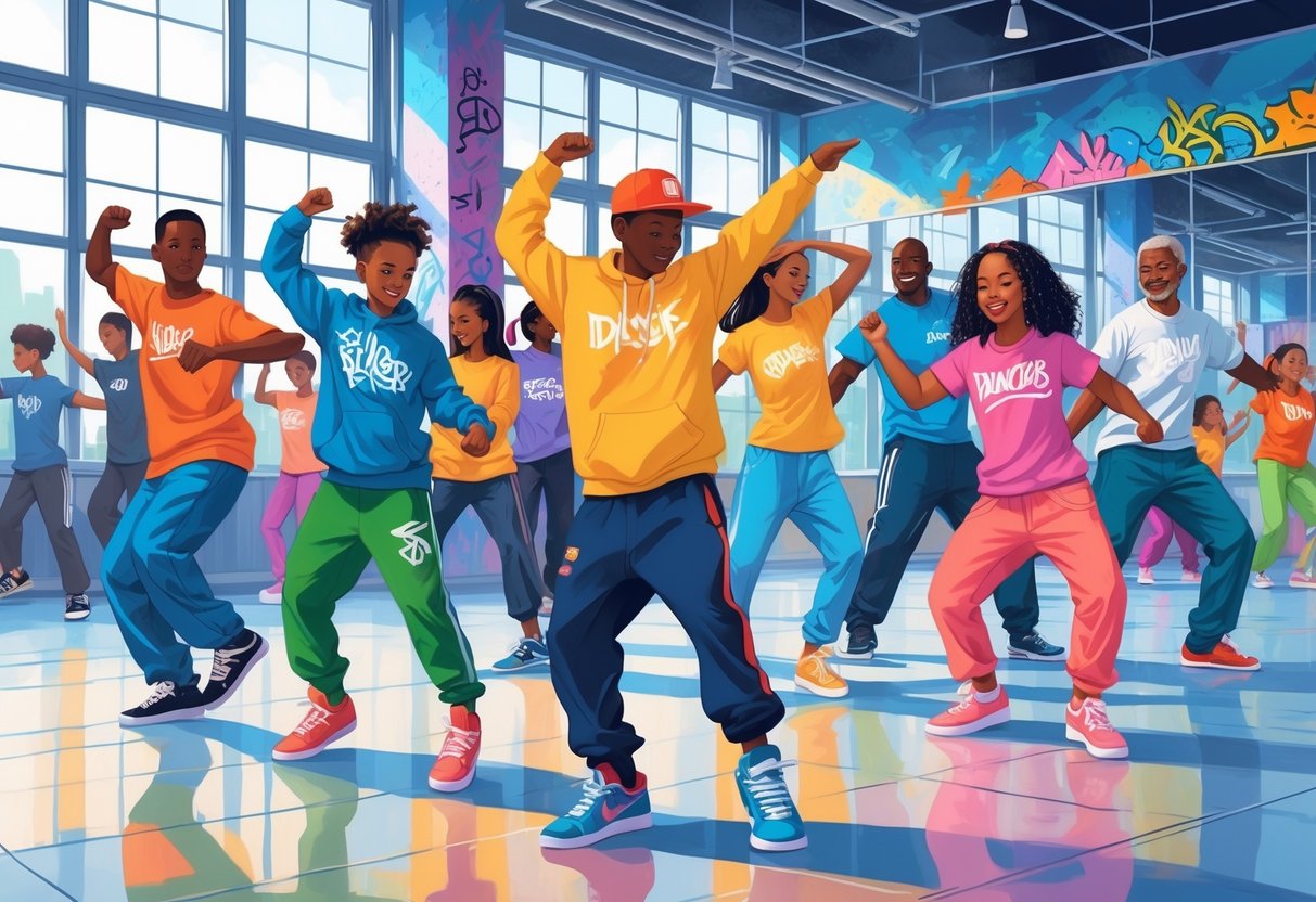 A diverse group of people of different ages dancing hip-hop together in a bright studio.