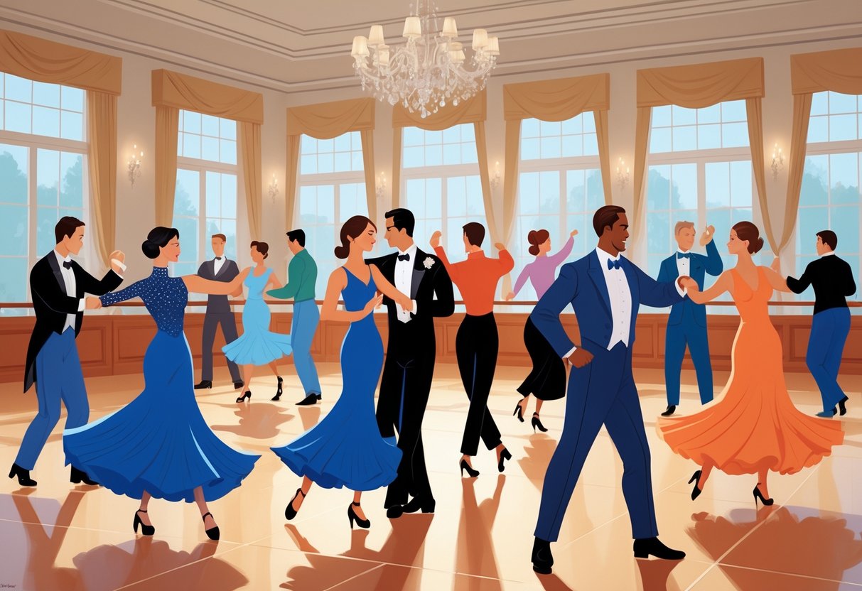 Couples of different ages dancing together in a bright ballroom, enjoying various ballroom dance styles.