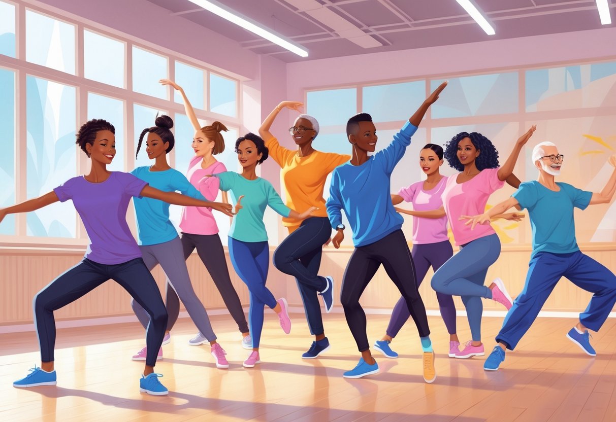 Ten people of different ages dancing in a bright studio, each performing unique contemporary and modern dance poses.