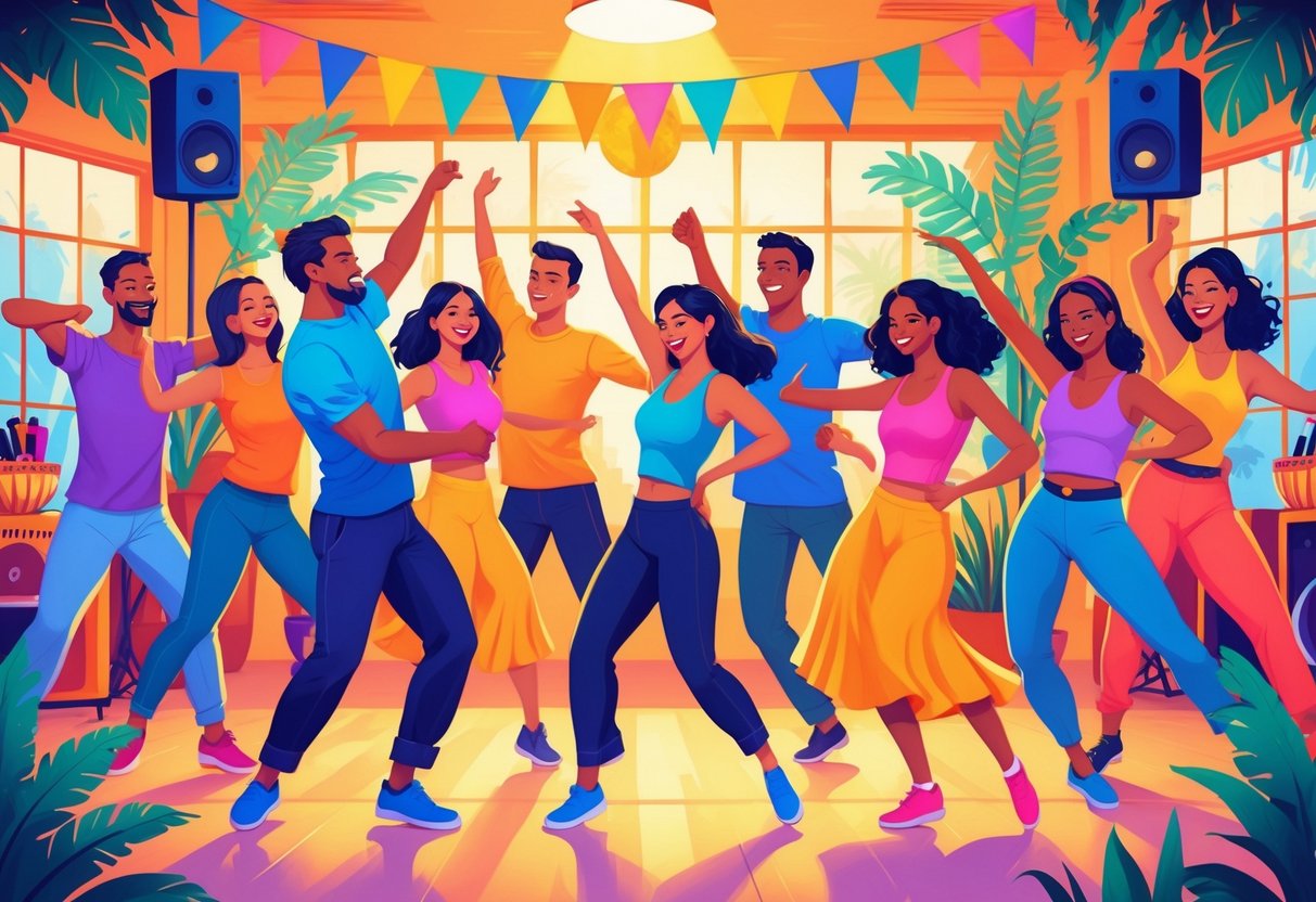 A group of people of different ages dancing Latin dances together in a lively studio filled with colorful decorations and musical instruments.
