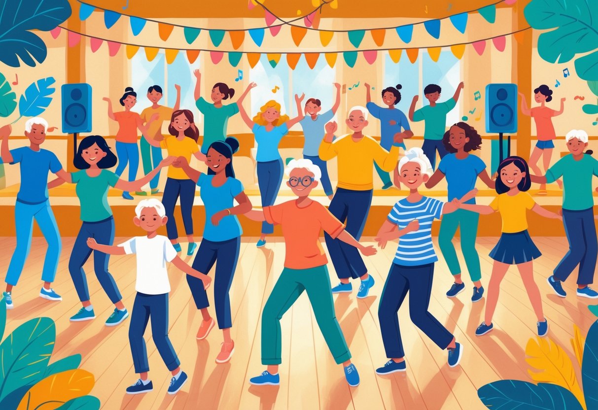 A diverse group of people of all ages dancing together in a community hall, enjoying various dance styles in a lively and joyful atmosphere.