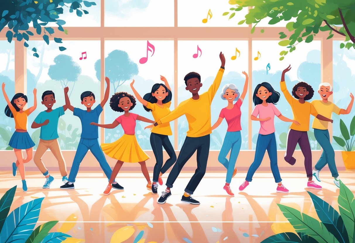 A diverse group of people of all ages dancing together in various styles in a bright and open space.