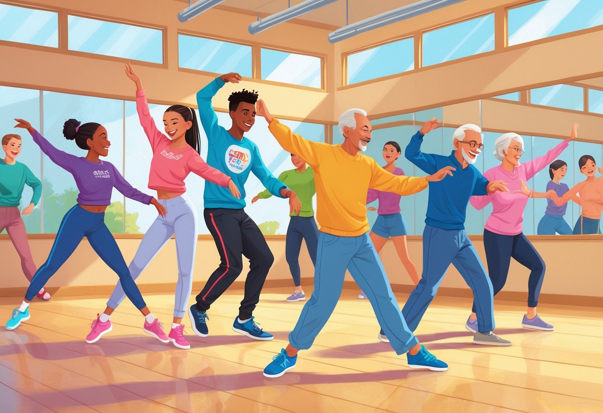 A group of people of different ages dancing together in a bright studio, each enjoying various dance styles.