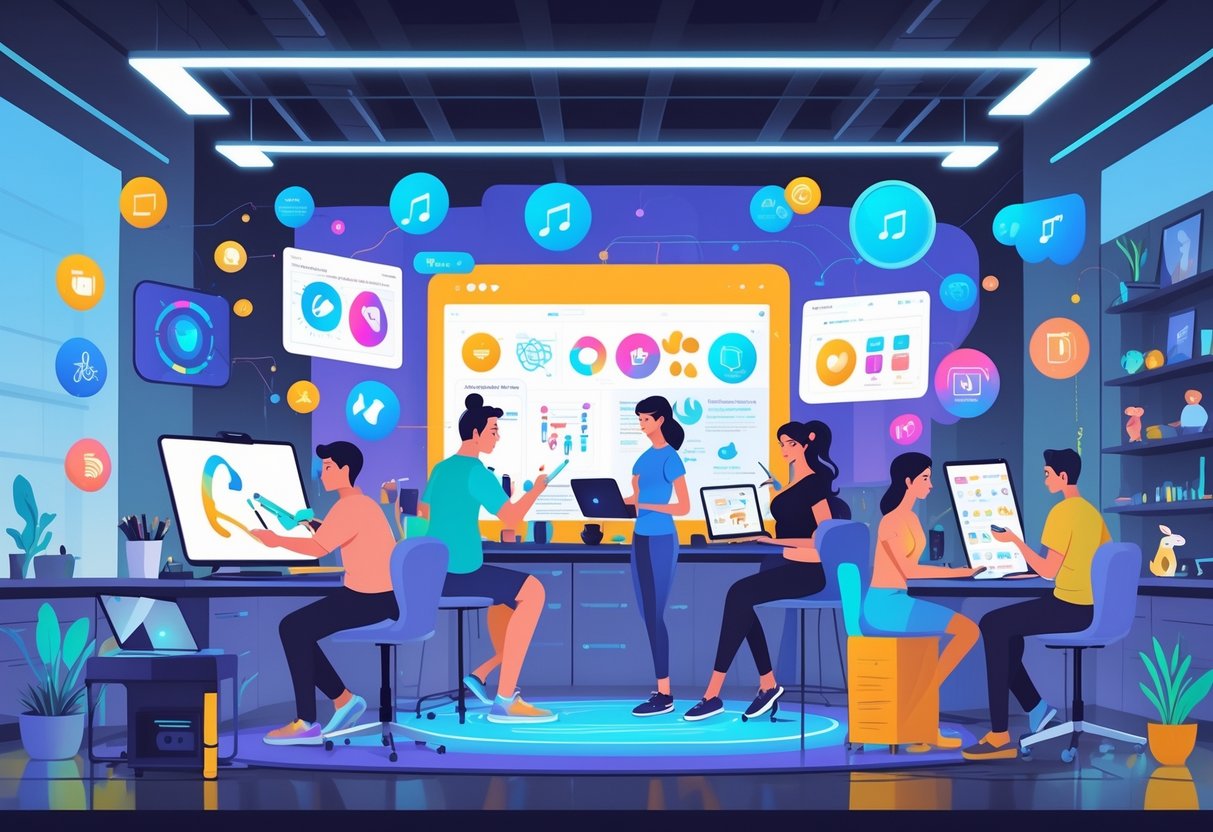 A group of people engaged in various creative activities enhanced by AI technology in a modern studio, including digital painting, music composition, writing, 3D modeling, animation, photography, fashion design, cooking, virtual reality art, and brainstorming.