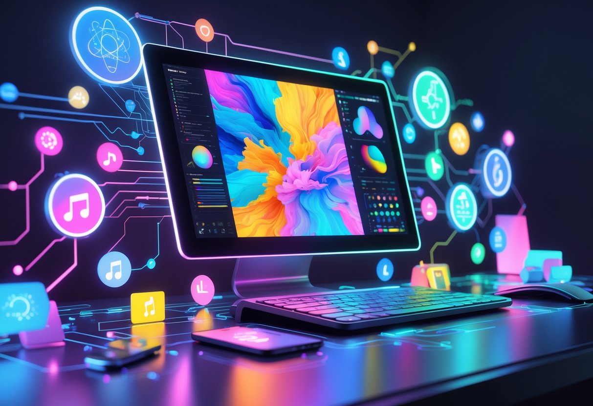 A futuristic workspace with a computer displaying colorful digital artwork surrounded by icons representing various creative hobbies powered by AI.