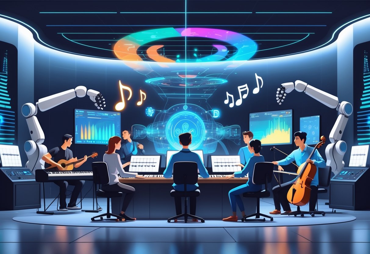 A group of people creating music together in a high-tech studio with holographic musical notes and AI technology assisting in composing and mixing sounds.