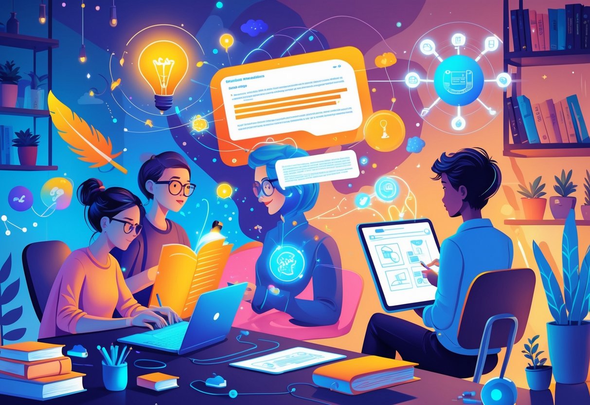 A group of people working together in a creative workspace using laptops and digital tablets with an AI assistant helping them generate stories.