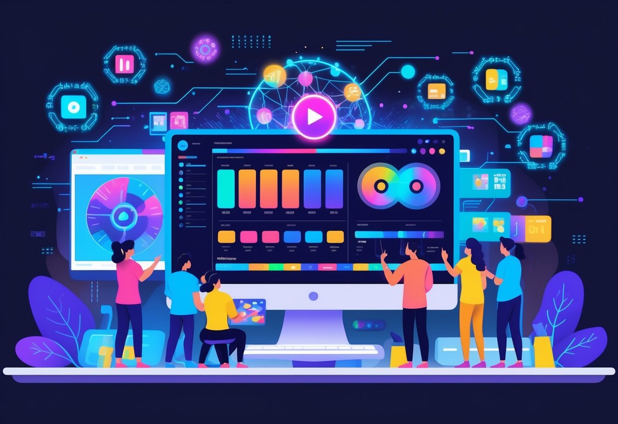 A group of people working on video editing and animation using advanced digital tools with AI elements in a modern workspace.