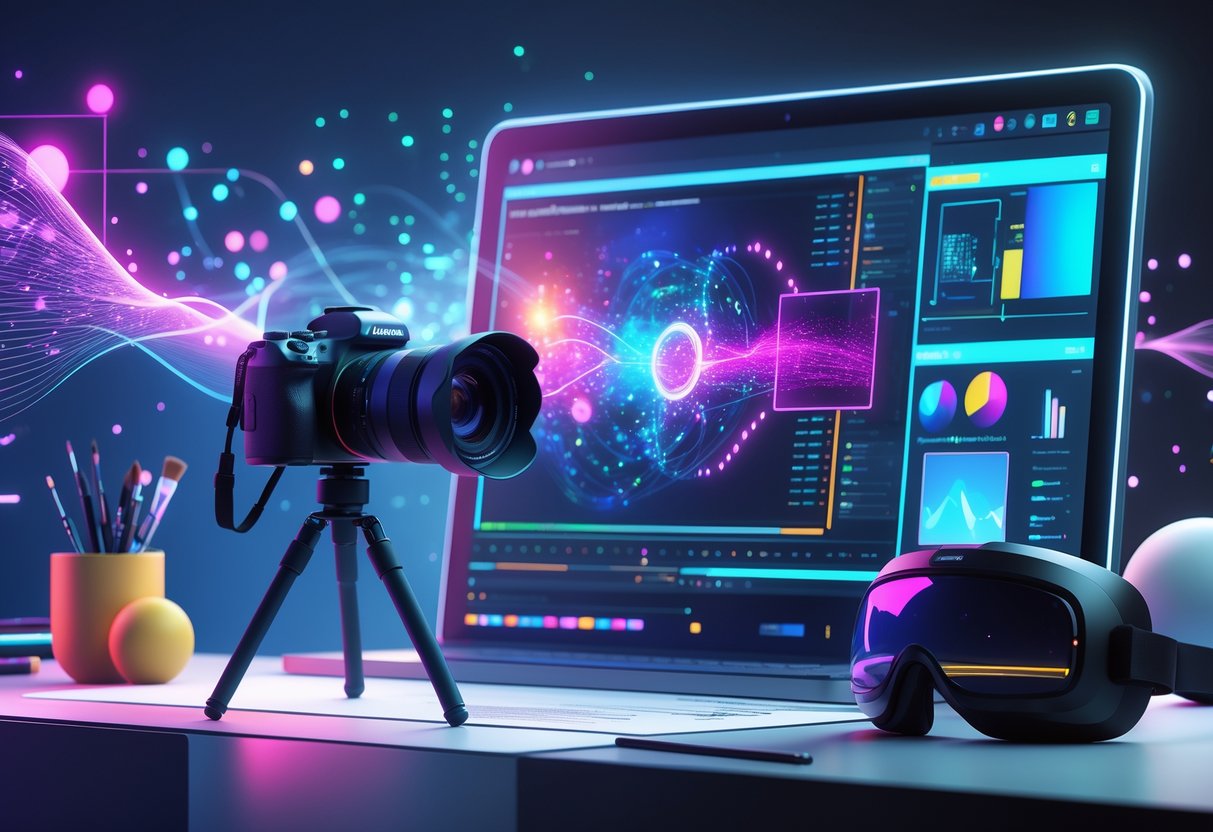 A digital workspace with a camera connected to a laptop showing photo editing software enhanced by AI, surrounded by tools representing various creative hobbies.