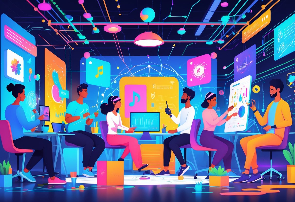 A group of people using advanced technology to create art, music, writing, and design in a futuristic creative studio.