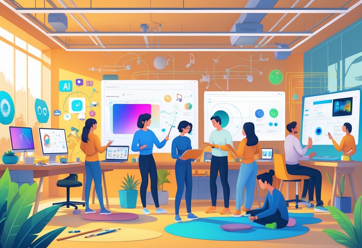 A group of people in a bright studio using digital devices and AI tools to create art, music, and photos together.