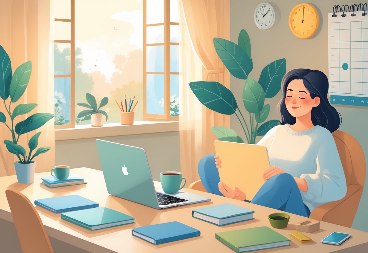 A person peacefully balancing work at a desk, relaxing in a cozy living space, and enjoying a hobby like painting or playing music.