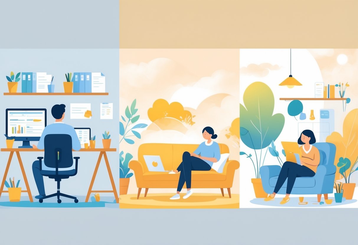 A person balancing work at a desk, relaxing at home, and enjoying hobbies like painting and gardening, showing harmony between different aspects of life.