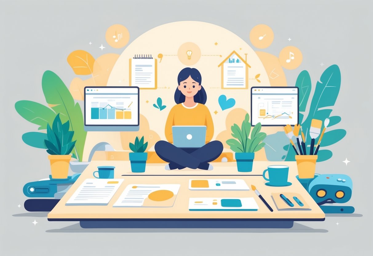 A person calmly balancing work, family life, and hobbies with a laptop, home setting, and hobby items around them.