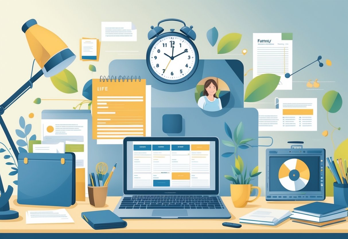 A calm workspace with a laptop and clock surrounded by symbols of work, family, and hobbies representing balanced time management.