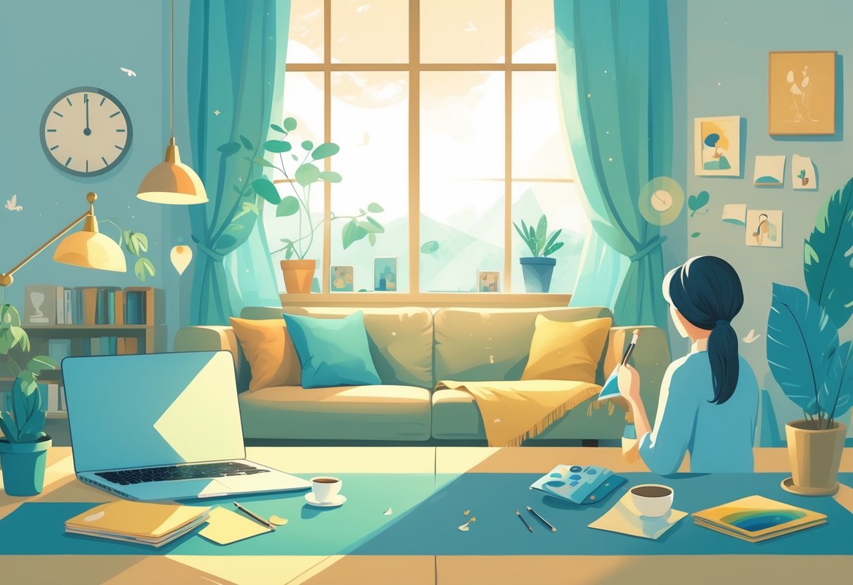 A person balancing work at a desk, relaxing in a living room, and enjoying a hobby like painting, all shown together in a calm and organized setting.