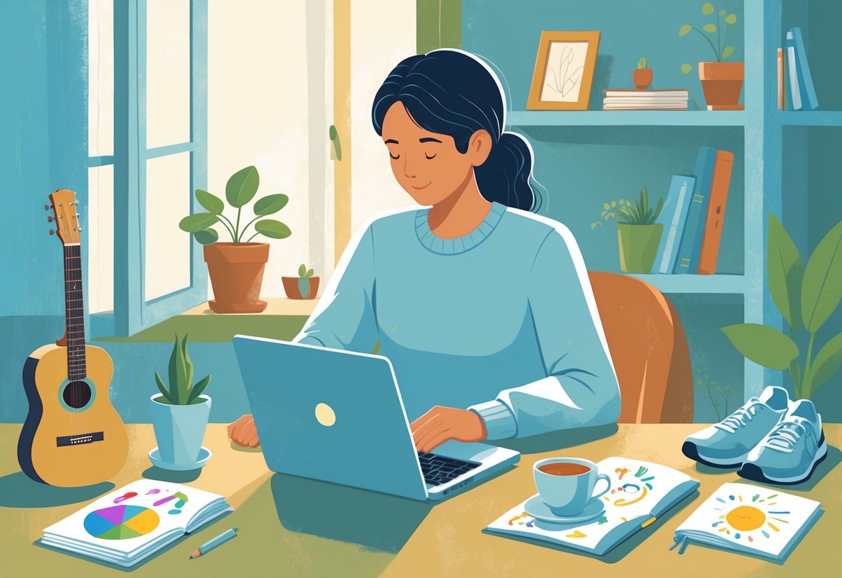 A person working at a desk surrounded by hobby items like a guitar, sketchbook, and running shoes in a cozy, well-lit room.