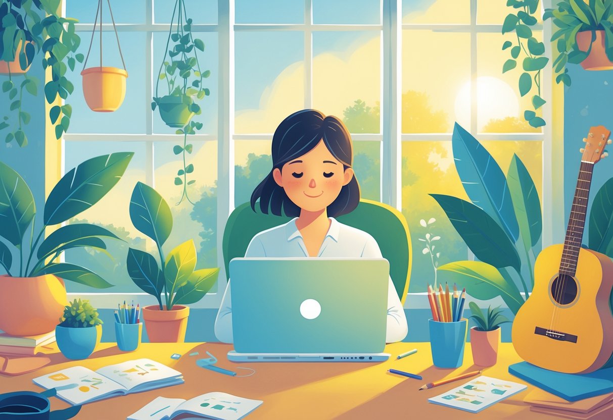 A person calmly working at a desk surrounded by elements representing relaxation and hobbies like a guitar, plants, and a yoga mat, with sunlight coming through a window.