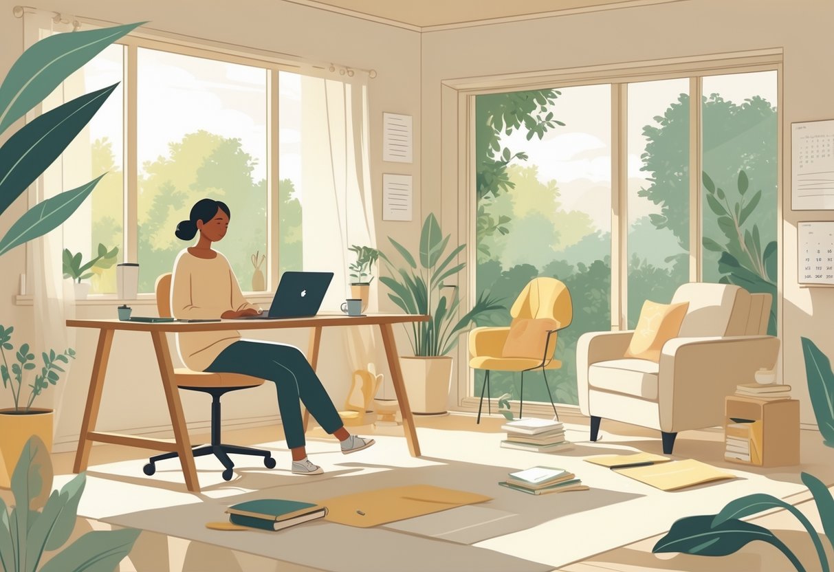 A person sitting calmly at a desk with work items, next to a cozy living space with books and hobby items, bathed in natural light from a window showing greenery outside.