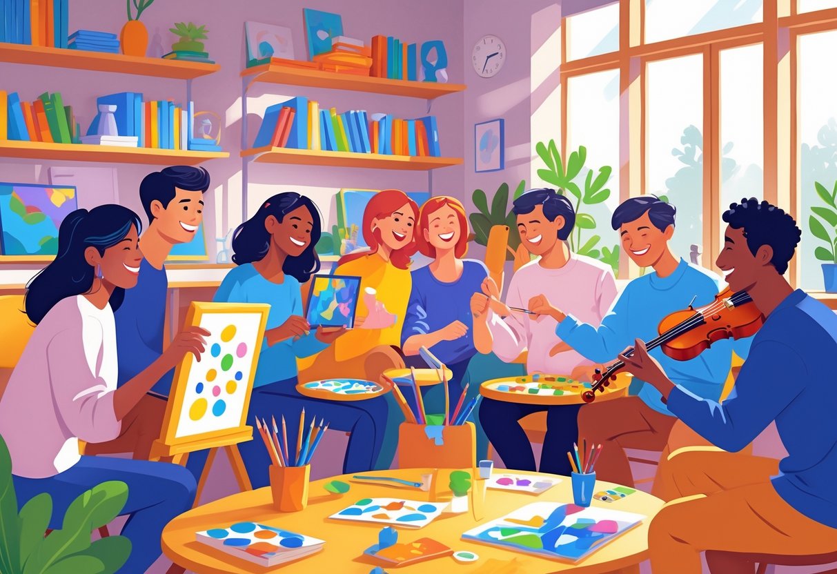 A group of people enjoying various hobbies together indoors, including painting, playing board games, and music, smiling and interacting warmly.