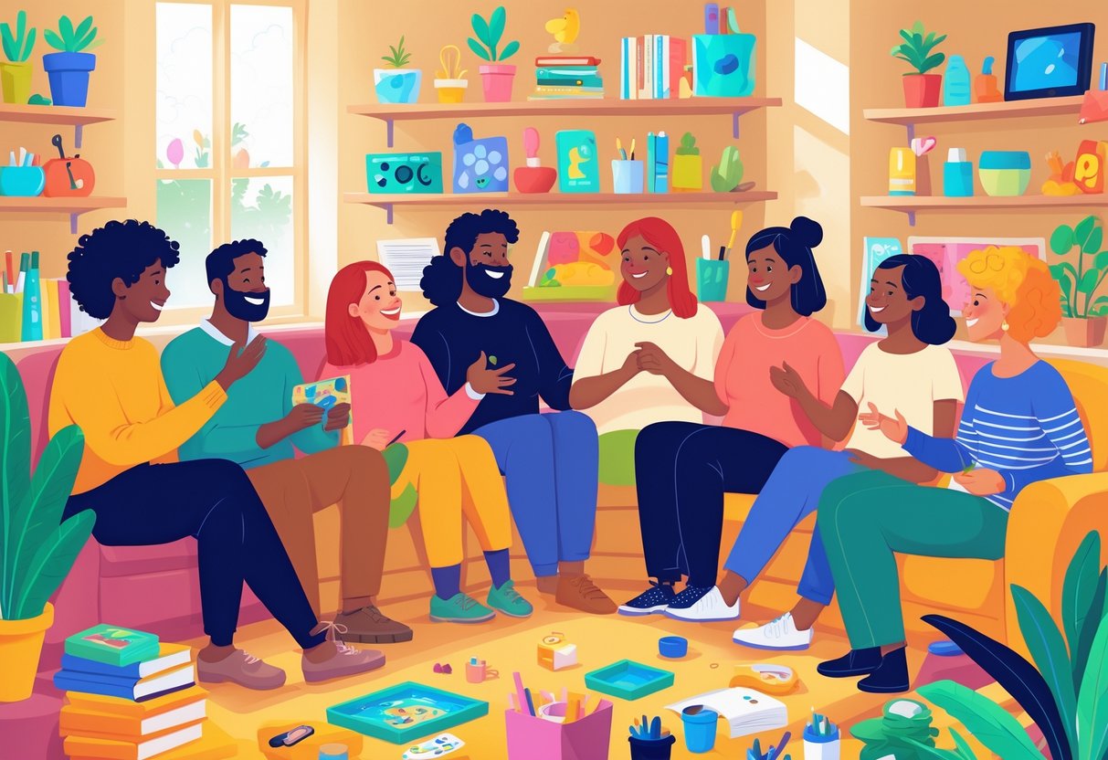 A group of diverse people happily interacting and sharing hobbies together in a cozy room filled with hobby items.