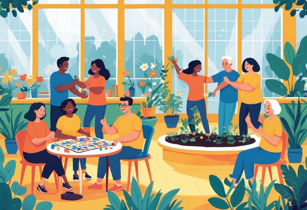 A group of people enjoying different hobbies together, including playing board games, gardening, and dancing, in a bright and friendly community space.