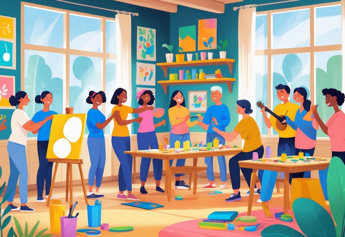 A group of diverse people happily participating in different hobbies together inside a bright community center.