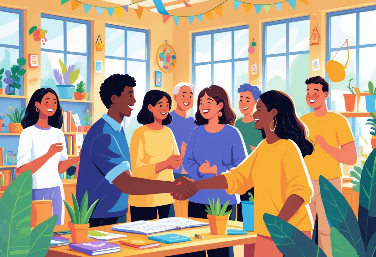 A group of people happily talking and connecting in a cozy room filled with hobby-related items.