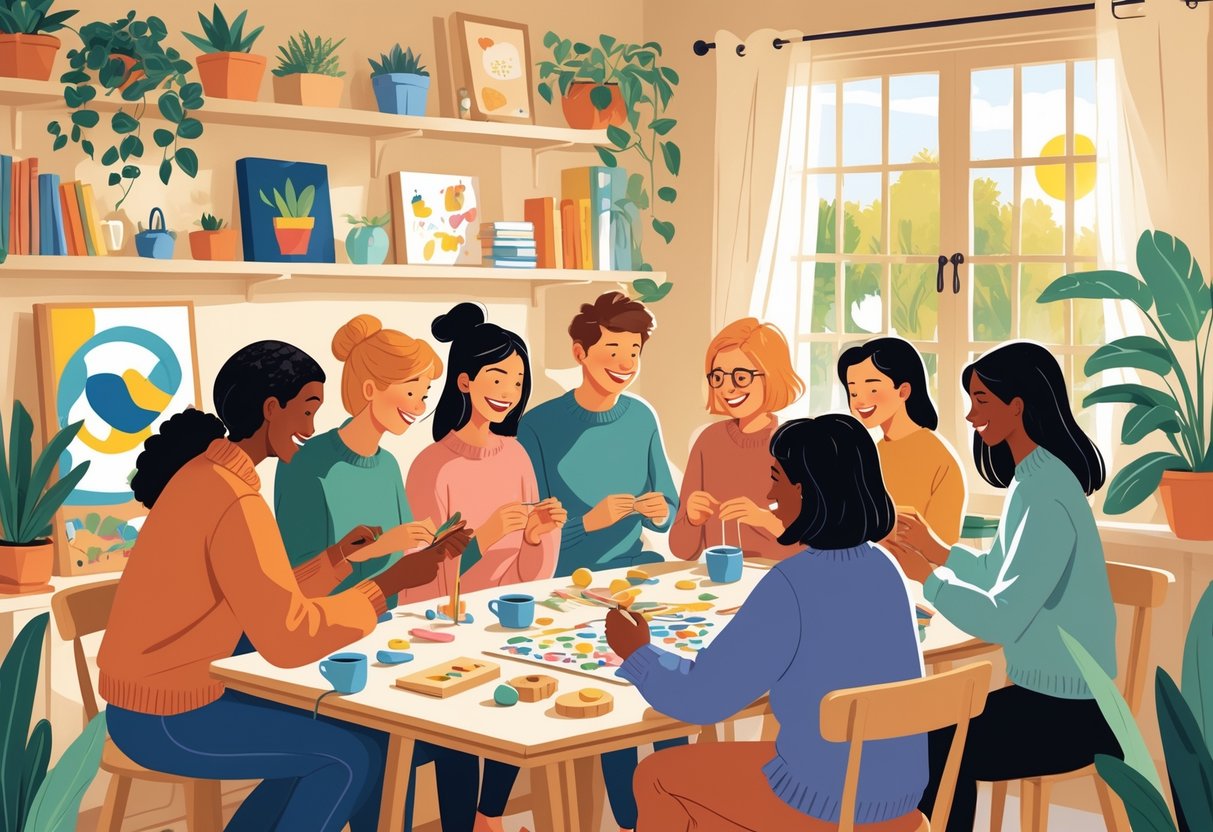 A group of friends enjoying various hobbies together around a table in a cozy room, sharing laughter and connection.