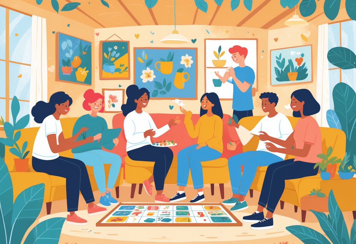 A group of diverse people happily engaging in hobbies together in a cozy community space, welcoming a new person to join them.