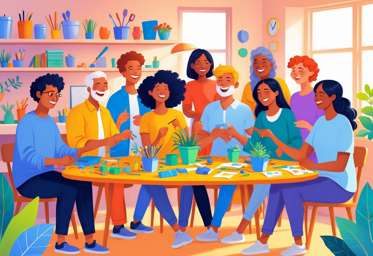 A diverse group of people enjoying a shared hobby together indoors, smiling and interacting warmly around a table filled with hobby materials.