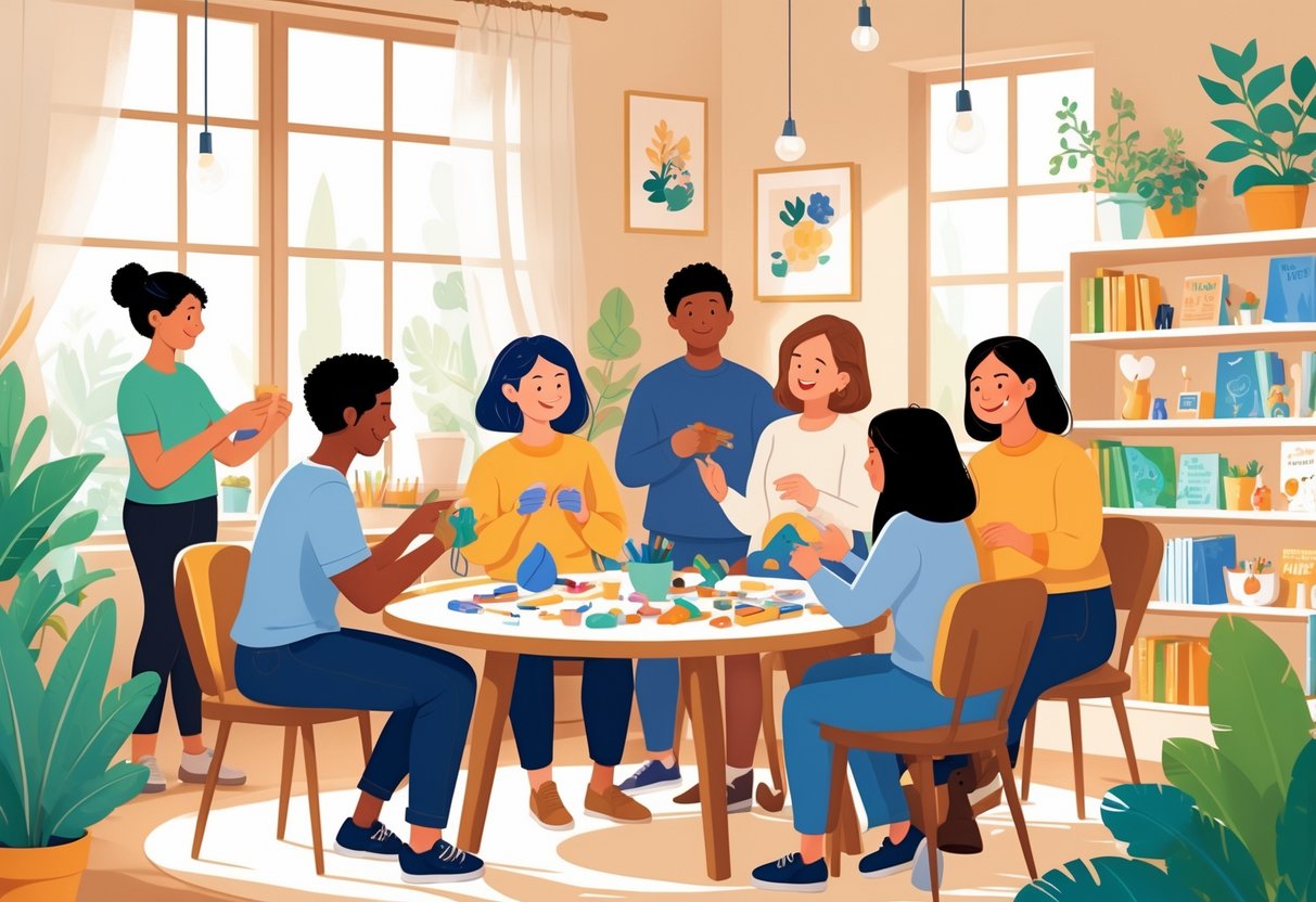 A group of people enjoying different hobbies together in a cozy community space, smiling and interacting warmly.