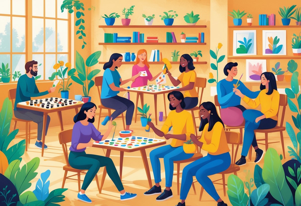 A group of diverse people enjoying different social hobbies like playing board games, painting, gardening, playing music, and chatting together in a cozy community space.