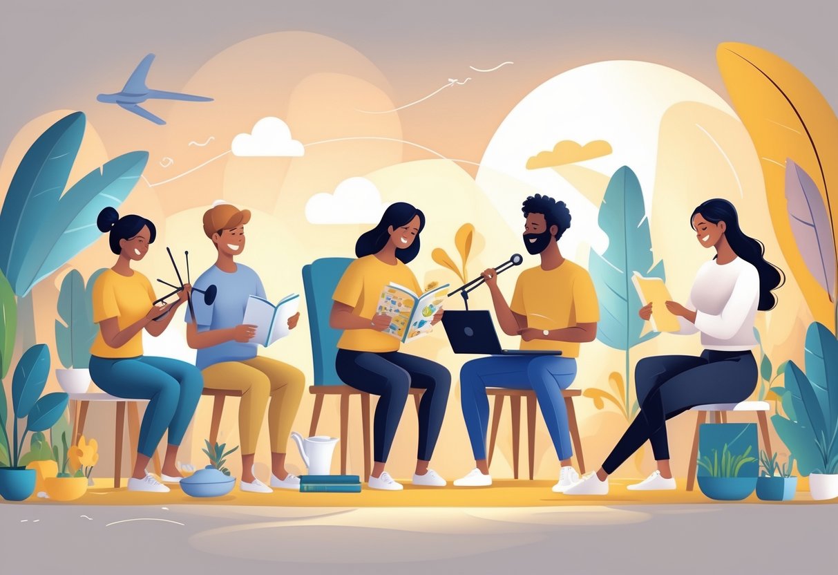 A group of people engaged in different hobbies like painting, reading, playing music, gardening, yoga, and model building in a warm and inviting setting.